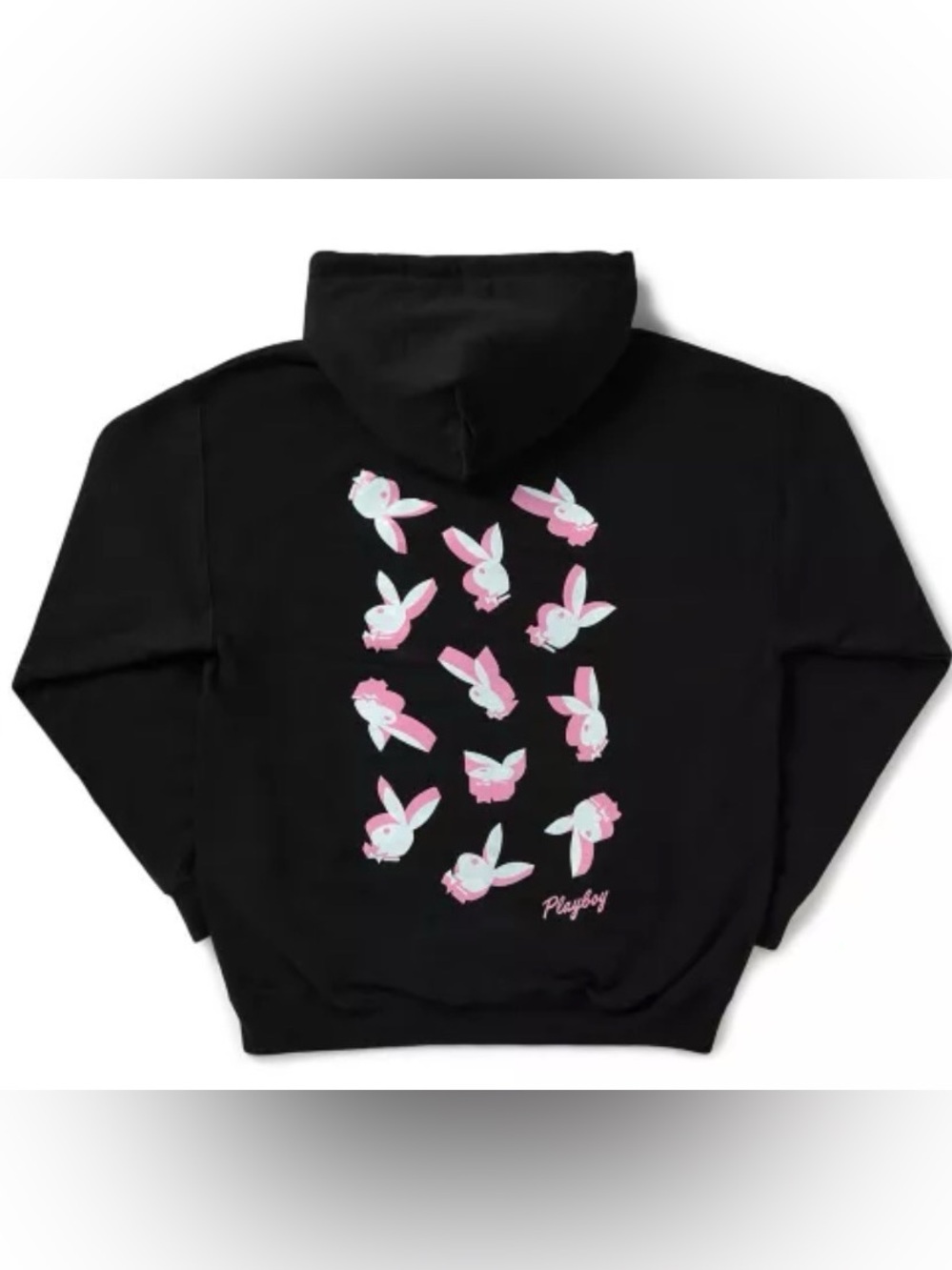 PLAYBOY Black Hoodie with Pink & White Bunny Motif- Size Large New